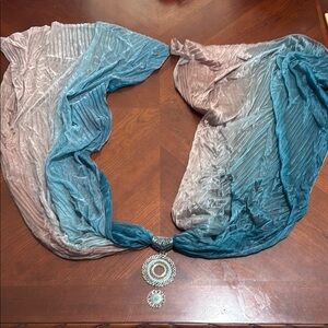 Vintage Blue Gray Textured Wrap Scarf with metal and turquoise pendant